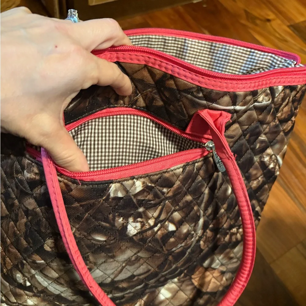 N.Gil Quilted Camo Tote Bag‎ w/ Matching Cosmetic Pouch Pink Trim euc